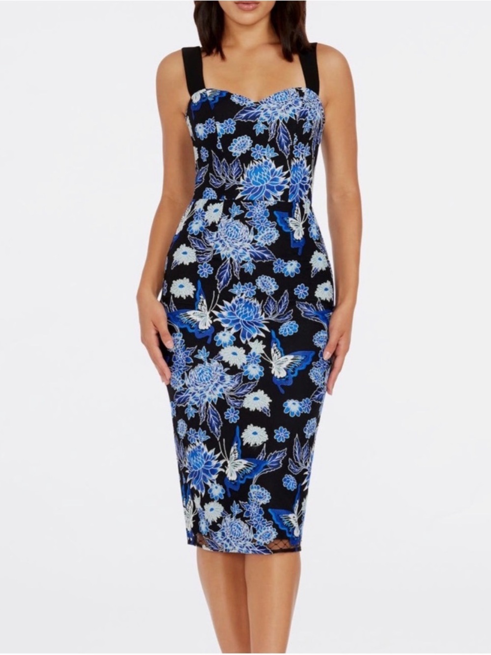 Dress the Population Black and Blue Floral Midi Sheath Dress